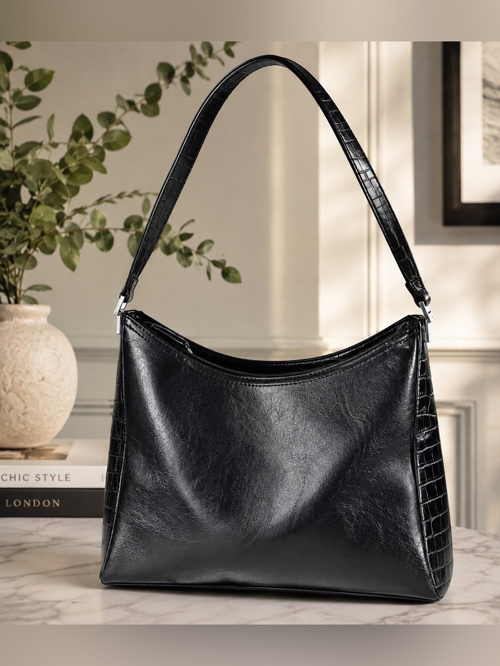 Liz Claiborne Black Faux Leather Croc Embossed Shoulder Bag Hobo Purse